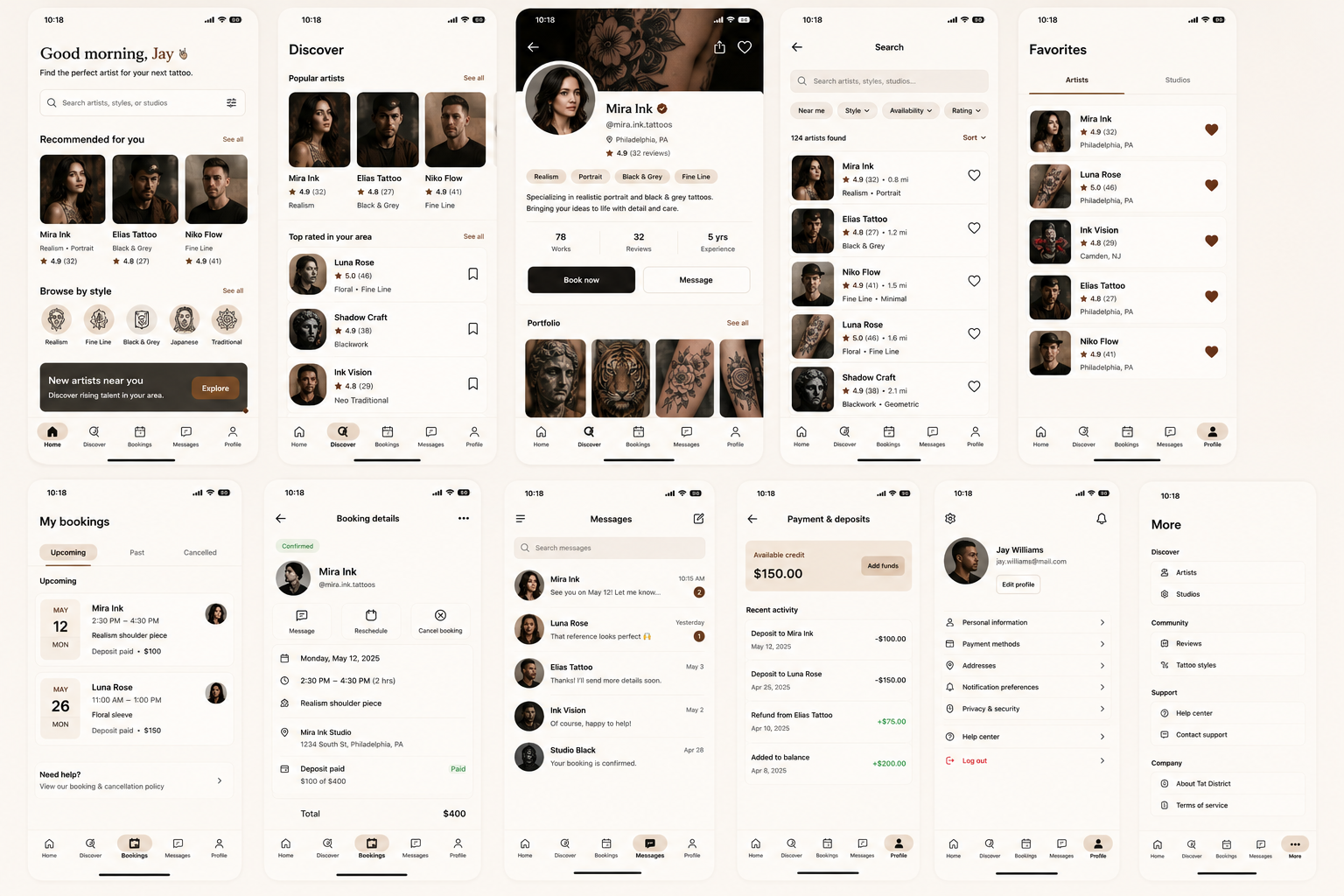 Planned Tat District client experience for artist discovery, portfolios, messaging, and booking